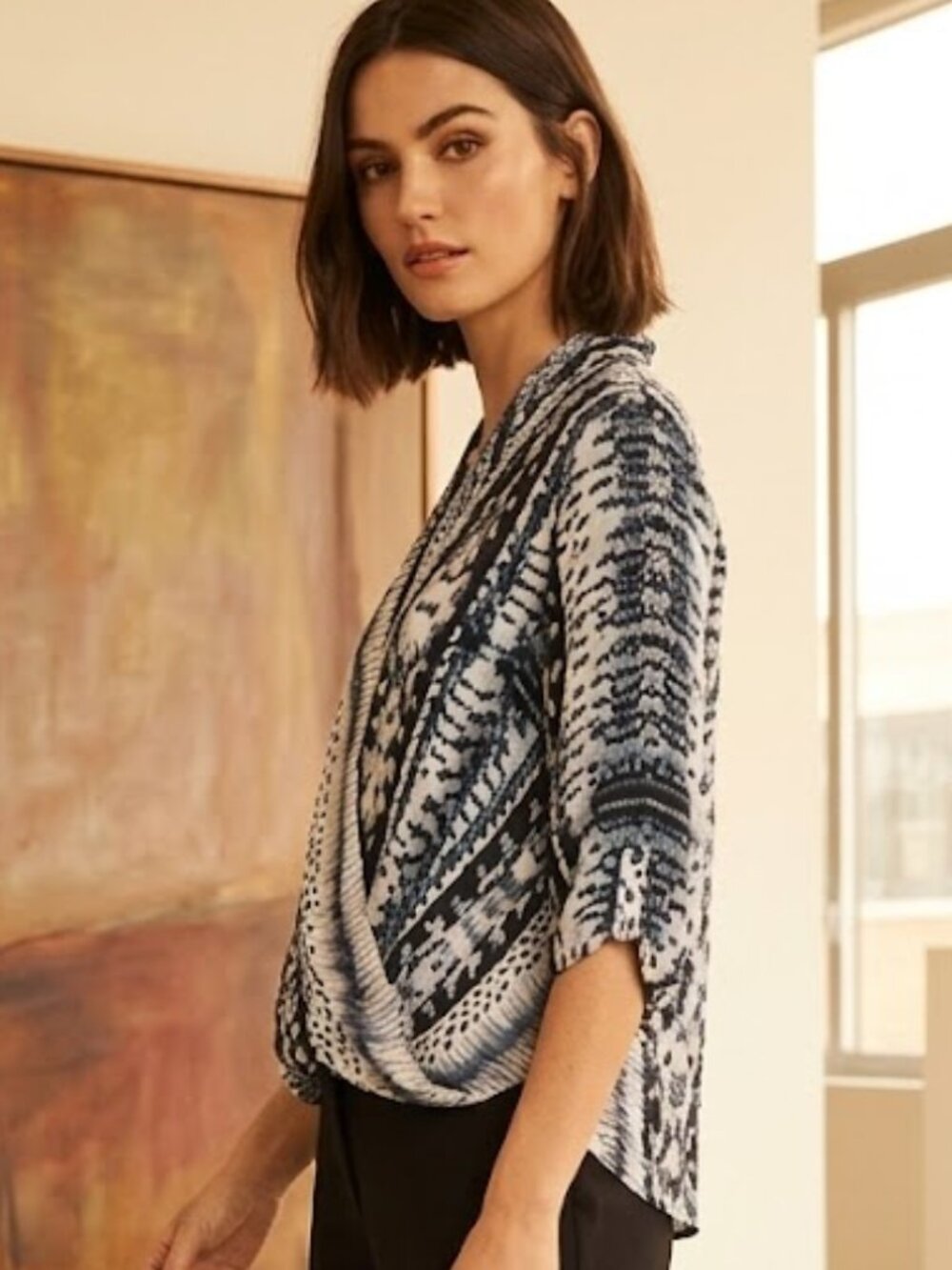 Parker blue and white print silk hi/low blouse size XS